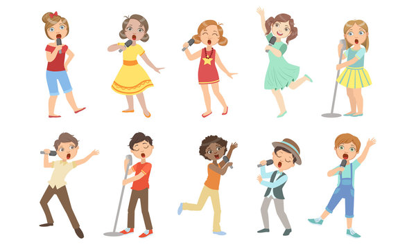 Cute Children Singing with Microphones Set, Boys and Girls Performing on Stage Vector Illustration
