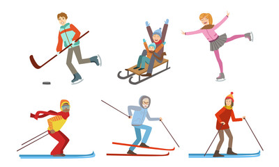 Fototapeta na wymiar Winter Sport Activities Set, Different People Skiing, Sledding, Figure Skating, Playing Hokkey Vector Illustration