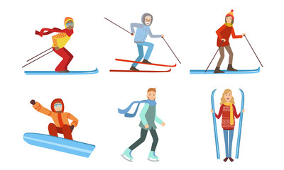 Fototapeta na wymiar Winter Sport Activities Set, Different People Skiing, Snowboarding, Skating Vector Illustration
