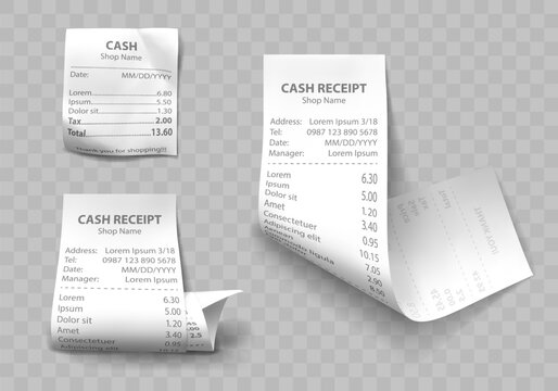 Shop cash receipt set of realistic isolated vector illustrations. Direct and curled paper payment bills with barcode, goods and their price, tax and total amount