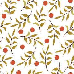 Autumn flat hand drawn seamless pattern. Forest branch with leaves and berries decorative texture on white background. Traditional fall wallpaper design.