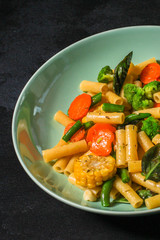 pasta vegetables salad (tasty and healthy, Italian cuisine) menu concept. food background. copy space. Top view