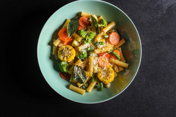 pasta vegetables salad (tasty and healthy, Italian cuisine) menu concept. food background. copy space. Top view