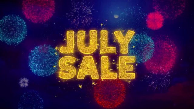 July Sale Text on Colorful Firework Explosion Particles. Sale, Discount Price, Off Deals, Offer promotion offer percent discount ads 4K Loop Animation.