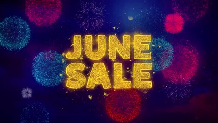 June Sale Text on Colorful Firework Explosion Particles. Sale, Discount Price, Off Deals, Offer promotion offer percent discount ads 4K Loop Animation.
