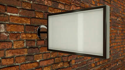 Blank advertising structure on a bracket on a brick wall. 3d rendering illustration