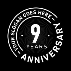 9 years anniversary logo template. Nine years celebrating logotype. Black and white vector and illustration.