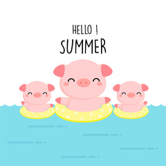 Hello summer cute pig cartoon.