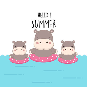 Hello summer cute hippo cartoon.