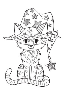 Halloween coloring book page cat in the witch hat