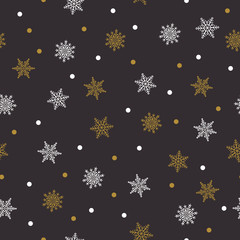 Christmas minimalistic seamless pattern with snowflakes. Outline colorful snowflakes on dark background. Perfect for winter season wallpaper, wrapping paper or textile printing vector illustration.