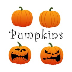 A set of pumpkins for Halloween. Two pumpkins with faces and two with faces. With signature. On white background.