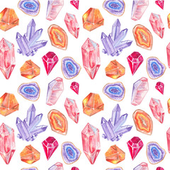 Seamless pattern with bright hand painted watercolor crystals and gems.