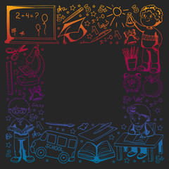 Vector pattern with little children. Back to school. Geography, geometry, mathematics, physics, chemistry, astronomy