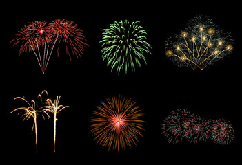 Colorful six fireworks isolated on black background