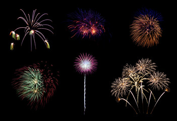 Colorful six fireworks isolated on black background