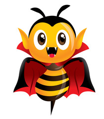Happy Halloween! Vampire bee. Cartoon cute bee character in vampire halloween costume. - vector mascot character