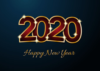 2020 Happy New Year celebration card for Christmas greetings or seasonal flyers. Vector golden text on blue background