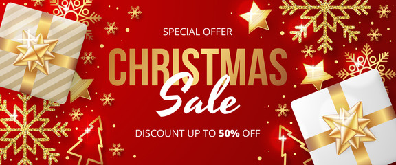Christmas sale banner with christmas elements on red background. Vector illustration 