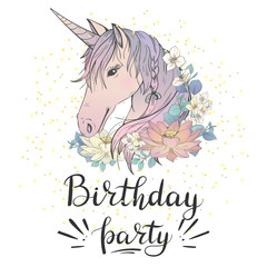 Birthday party. Card with unicorn and flowers