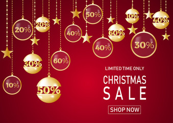 Christmas holiday sale on red background with star. Limited time only. Template for a banner, shopping, discount. Vector illustration for your design