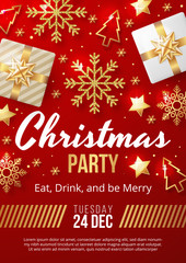Fototapeta na wymiar Christmas Party poster template with christmas elements on red background. Vector illustration 