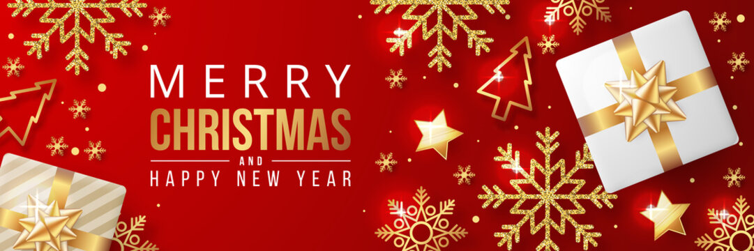 Merry christmas banner with christmas elements on red background. Vector illustration 