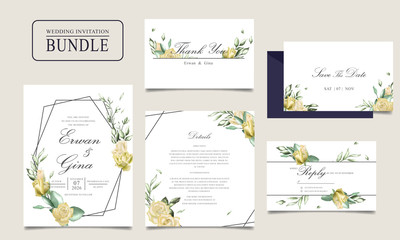 Wedding invitation card bundle with watercolor floral and leaves template