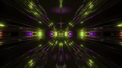 dark scifi tunnel corridor with reflective contur wireframe 3d illustration wallpaper background