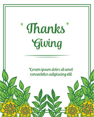 Ornate text of thanksgiving, with feature green leafy flower frame on white background. Vector