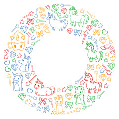 Children pattern with fairy tale unicors for kids clothes, posters, banners, shirts. Vector image with cartoon character.