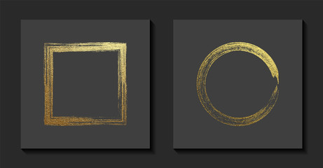 Square and round golden frames on a grey background. Luxury vintage border, Label, logo design element. Hand drawn vector Illustration. Abstract gold brush stroke - 290442568