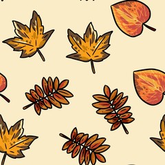 Cute autumn leaves cartoon seamless pattern. Fall decoration background texture tile