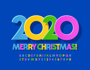 Vector Merry Christmas 2020 greeting card. Colorful Uppercase Font. Trendy bright Alphabet Letters and Numbers