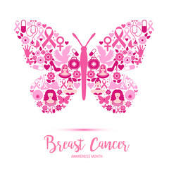 Breast cancer awareness with Butterfly sign and pink ribbons vector illustration design poster layout.