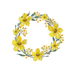 Beautiful Autumn bright colors watercolor flowers frame. Spring Yellow flower with green leaf composition on white background. Greeting card, poster, banner concept with copy space for text.