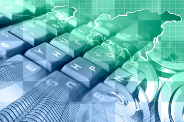 Keyboard, mail signs and map