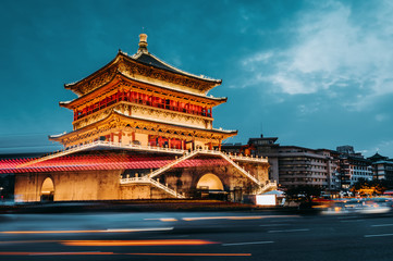 Xi'an bell tower night view - obrazy, fototapety, plakaty