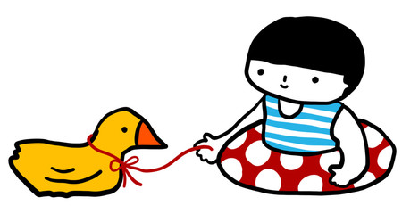  This figure shows a child and toy duck floating in the water with a buoy.