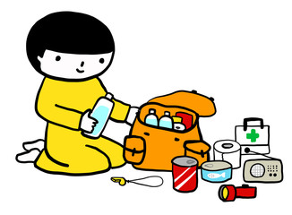 This figure shows a child checking disaster prevention goods,