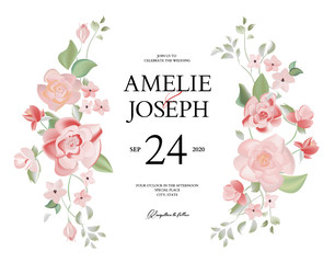 Botanical vertical wedding invitation card template design, rose flowers and leaves with wreath frame on white background, vintage style. Greeting card invitation