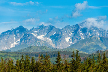 Naklejka premium Tatra Mountains landscape with evergreen forest and rocky snow-capped peaks
