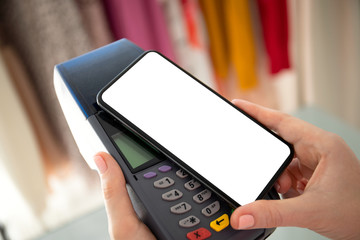 Woman payment purchase for phone and pay pass online terminal