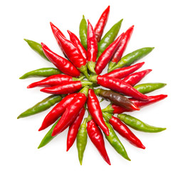 red and green chili peppers on a white background