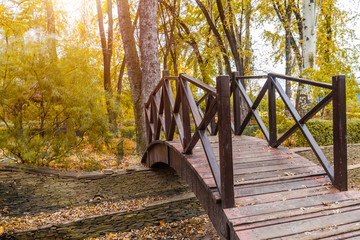 Wooden bridge in the autumn park.