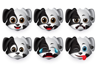 Dog emojis vector set. Puppy dogs face emoticon and icon in crying and funny facial expressions and emotion isolated in white background. Vector illustration.