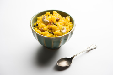 Pineapple sheera or Halwa also known as Ananas keshri shira. Popular South Indian Dessert recipe. selective focus
