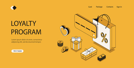 Concept loyalty program, discount system for regular customers, promotion shopping, gift boxes, payment bank card, reception bonuses, business process attraction clients. Vector isometric illustration