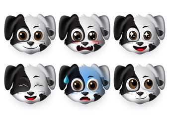 Emoji dogs vector set. Emoticons and emojis of puppy dog face in excited and scared mood and emotion isolated in white background. Vector illustration 3d realistic.