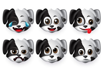 Emojis dog vector set. Puppy dogs animal emoticon head with sad and funny face for design element isolated in white background. Vector illustration 3d realistic.